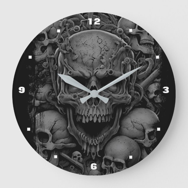 Skulls Grey Black Scary Biker Gothic Halloween  Large Clock (Front)