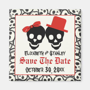Skulls Halloween red black wedding Save the Date Magnet
