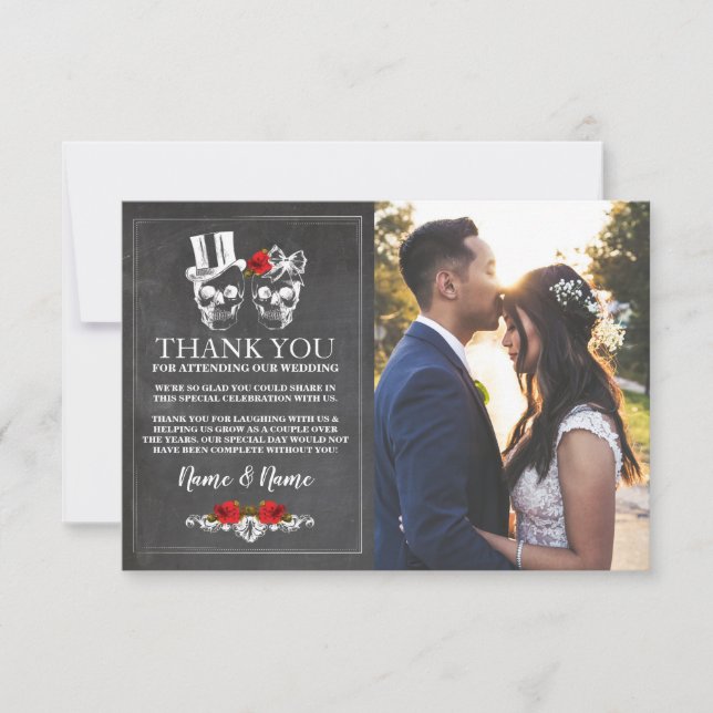 Skulls Halloween Thank You Wedding Chalk Photo Card (Front)