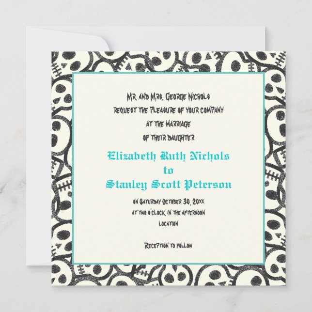 Skulls Halloween turquoise wedding invitation (Front)