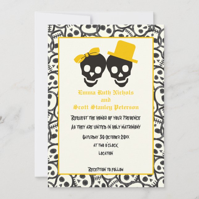 Skulls Halloween yellow black wedding invitation (Front)