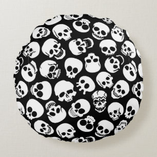 Skulls in Black Background Pattern Round Pillow