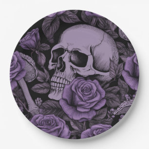 Skulls in Bloom: Purple Rose Pattern, Goth Lovers Paper Plate