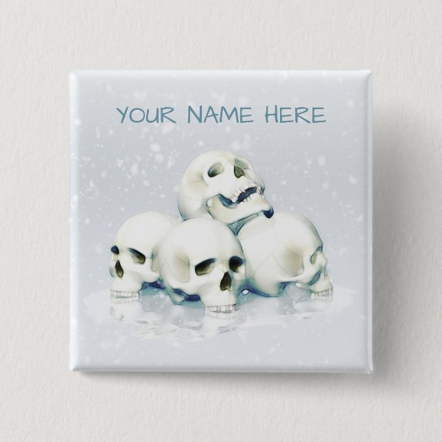 Skulls in the snow. Personalized 2 Inch Square Button (Front)