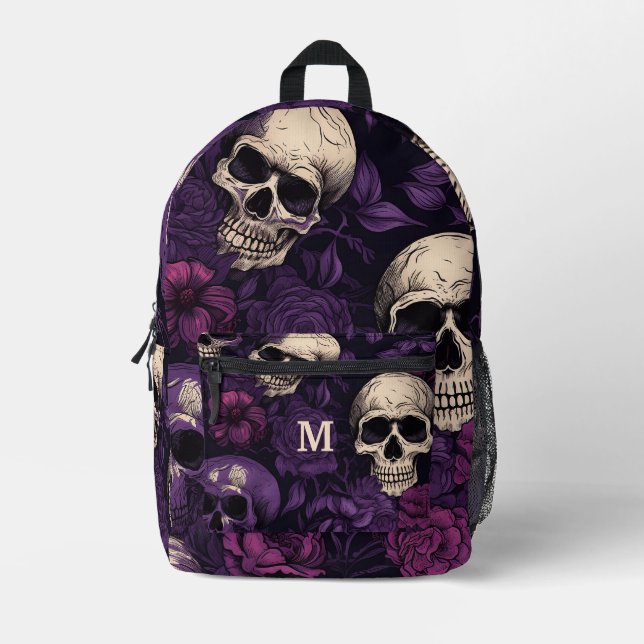 Skulls Purple Black Floral Printed Backpack (Front)
