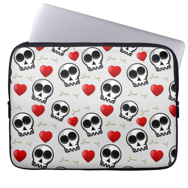 Skulls & Red Hearts Halloween Pattern Laptop Sleeve (Front)