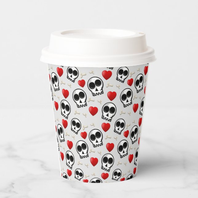 Skulls & Red Hearts Halloween Pattern Paper Cups (Front)