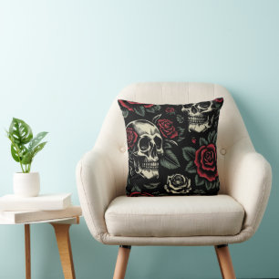 Skulls & Red Roses Gothic Floral Throw Pillow