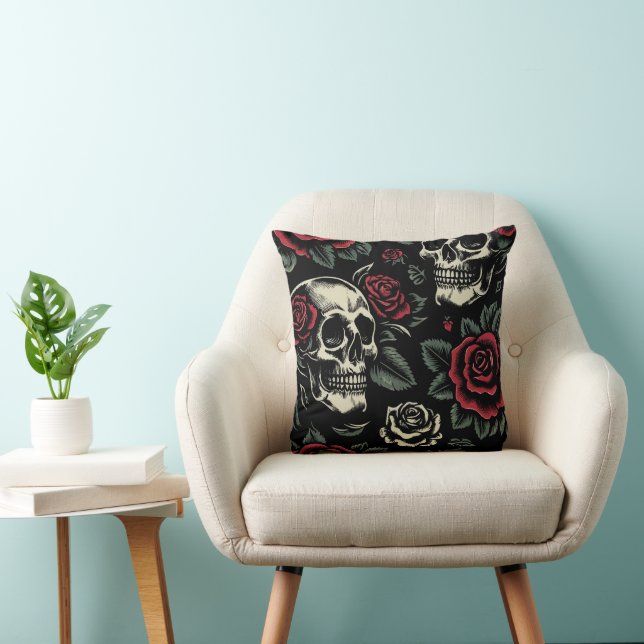 Skulls & Red Roses Gothic Floral  Throw Pillow (Chair)