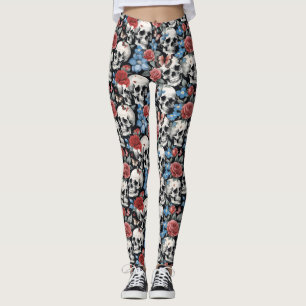 Skulls Roses and Forget-me-nots Black Leggings