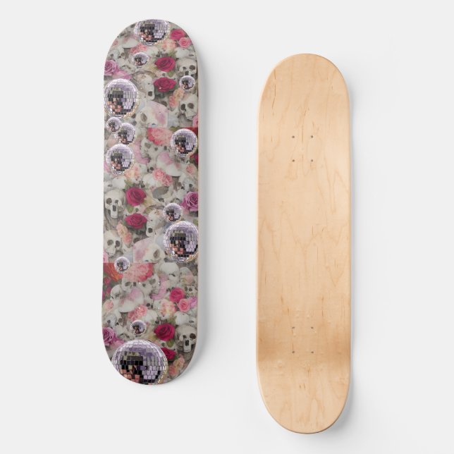Skulls Roses and Pink Disco Balls Skateboard (Front)