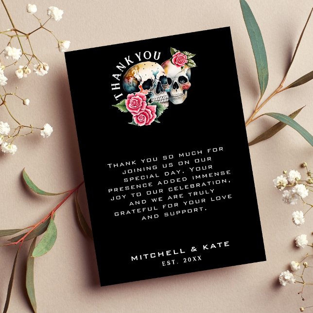 Skulls & Roses Black Wedding Thank You Card (Skulls & Roses Black Wedding Thank You Card)