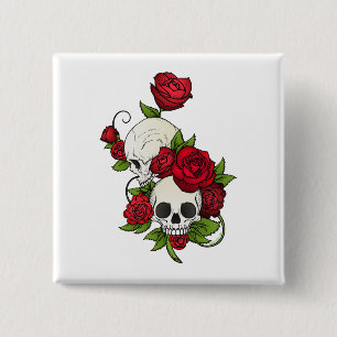 Skulls Roses Día de Muertos 2 Inch Square Button