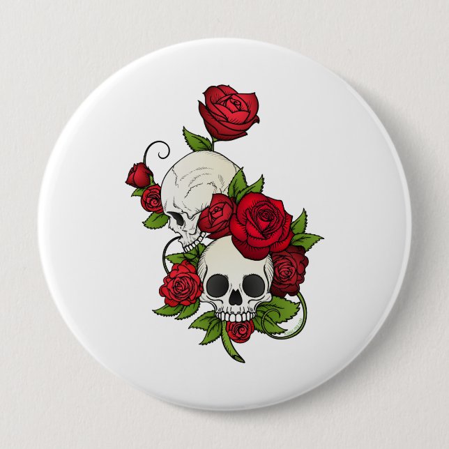 Skulls Roses Día de Muertos 4 Inch Round Button (Front)
