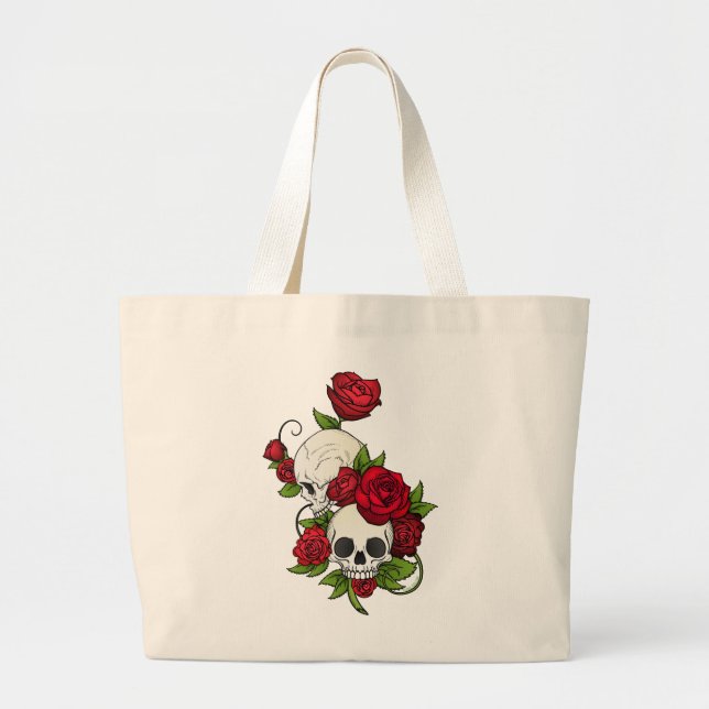 Skulls Roses Día de Muertos Large Tote Bag (Front)