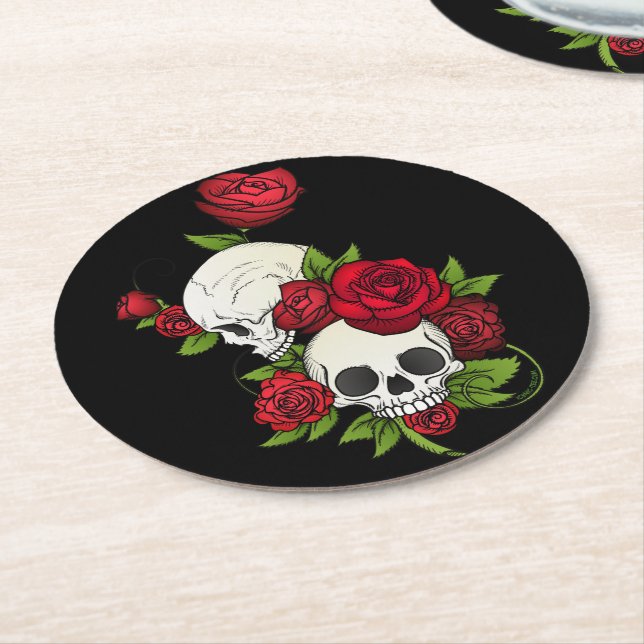 Skulls Roses Día de Muertos Round Paper Coaster (Angled)
