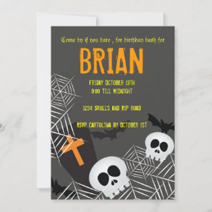 Skulls spider webs and rip hallowen birthday party invitation