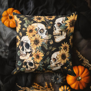 Skulls & Sunflowers Summer Goth Outdoor Pillow