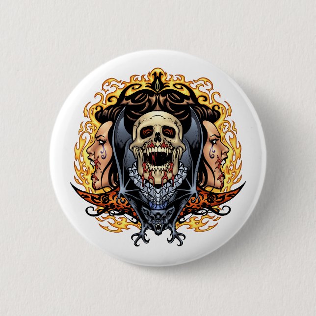 Skulls, Vampires and Bats customizable by Al Rio. 2 Inch Round Button (Front)
