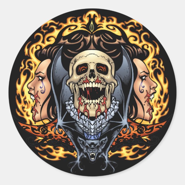 Skulls, Vampires and Bats customizable by Al Rio. Classic Round Sticker (Front)