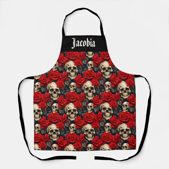 Skulls with Red and Black Roses Apron (Front)