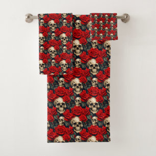 Skulls with Red and Black Roses Bath Towel Set