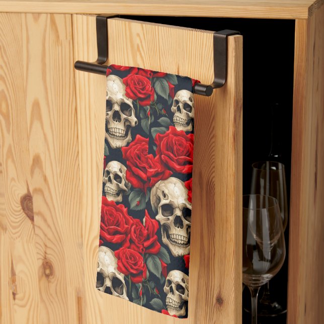 Skulls with Red and Black Roses Kitchen Towel (Thirds Fold)