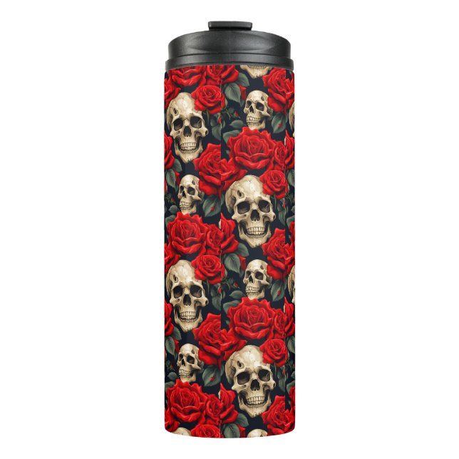 Skulls with Red and Black Roses Thermal Tumbler (Front)