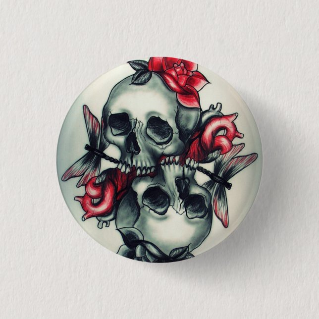 Skulls with Roses and Dragonfly Round Button (Front)