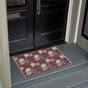 Skulls with Roses and Pink Purple Chequered Doormat