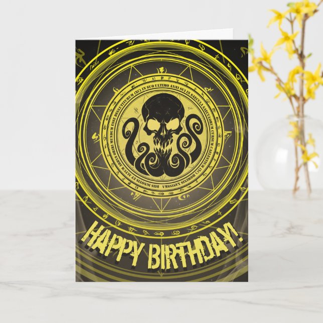 Skullthulhu Carte Jaune d'anniversaire effrayante (Fleur jaune)
