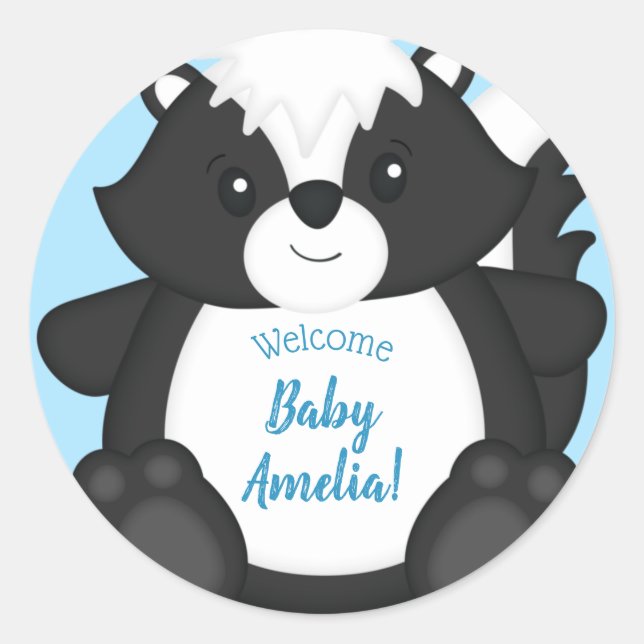 Skunk Baby Shower Blue Classic Round Sticker (Front)