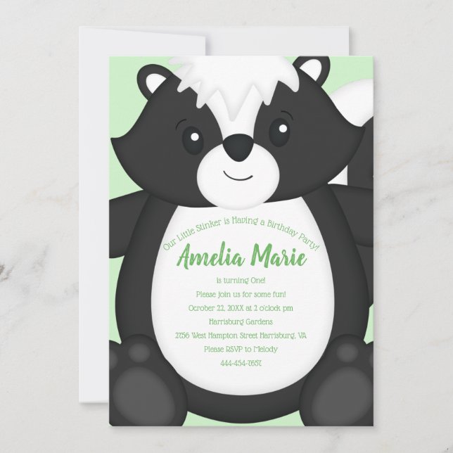 Skunk Birthday Party Green Invitation (Front)