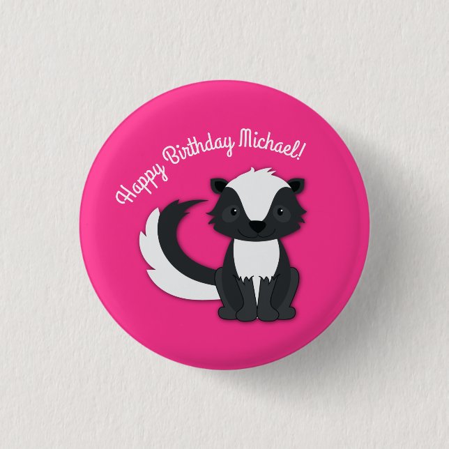 Skunk Birthday Party Kids Pink Button (Front)