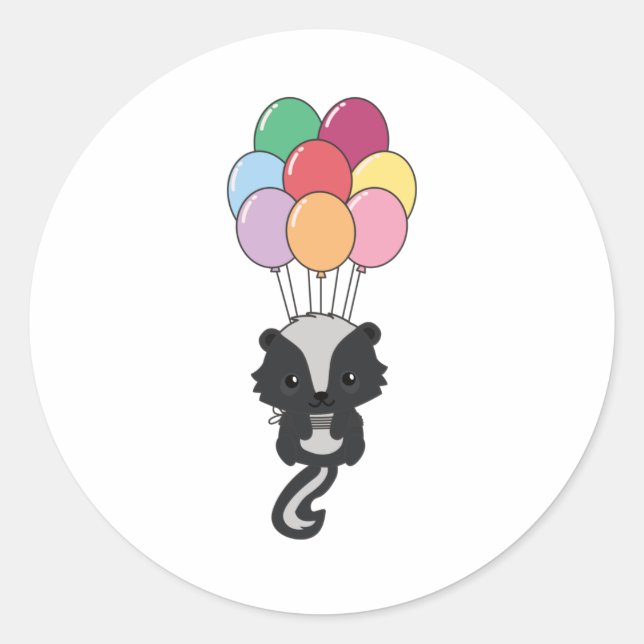 Skunk Flies Up With Colorful Balloons Classic Round Sticker (Front)