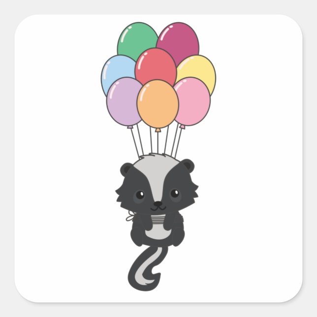 Skunk Flies Up With Colorful Balloons Square Sticker (Front)
