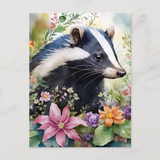 Skunk Floral Portrait Art Postcard (Front)
