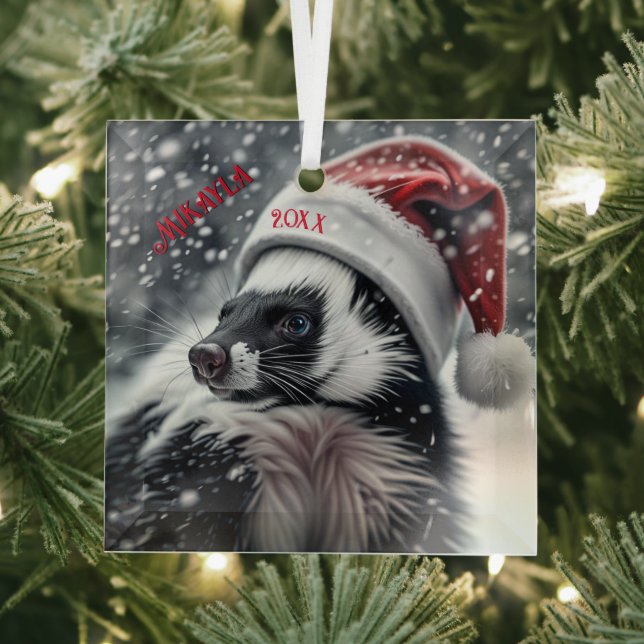 Skunk in Santa Hat  Ceramic Ornament (Insitu)