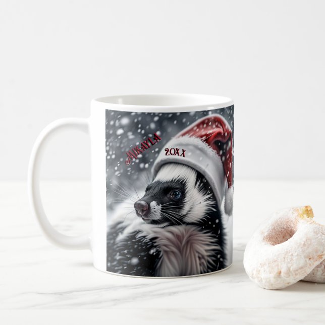 Skunk in Santa Hat  Ceramic Ornament Coffee Mug (With Donut)
