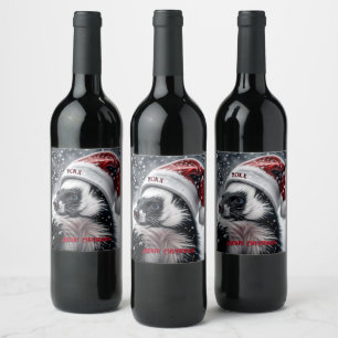 Skunk in Santa Hat Ceramic Ornament Wine Label