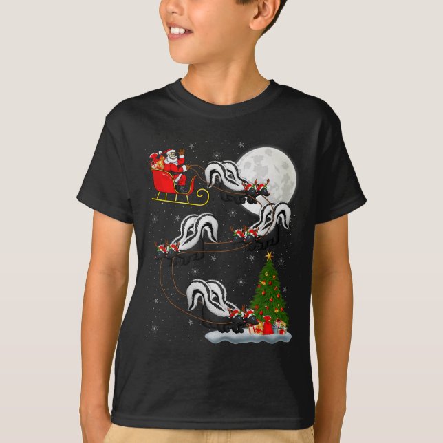 Skunk Santa Sleigh Flying Funny Magical Christmas  T-Shirt (Front)