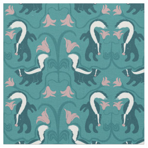 Skunks and Flowers Dark Teal Green Fabric