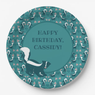 Skunks and Flowers Dark Teal Green Personalized Paper Plate