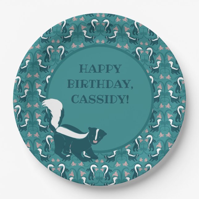 Skunks and Flowers Dark Teal Green Personalized Paper Plate (Front)