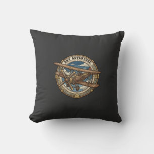 Sky Adventure Vintage Steampunk Biplane Throw Pillow