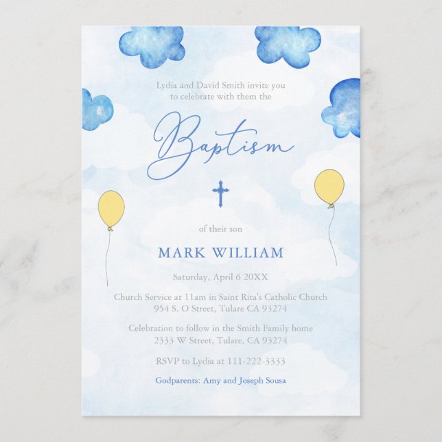 Sky and Clouds Baptism With Yellow Balloons Invitation (Front)