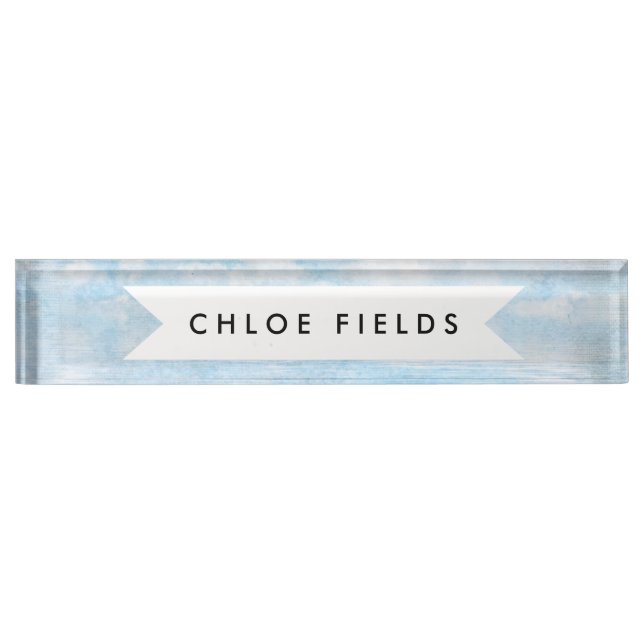 Sky and Ocean Blue White Clouds Watercolor Painted Nameplate (Front)