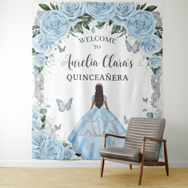 Sky Baby Blue Floral Princess Quinceañera Backdrop Tapestry (In Situ)