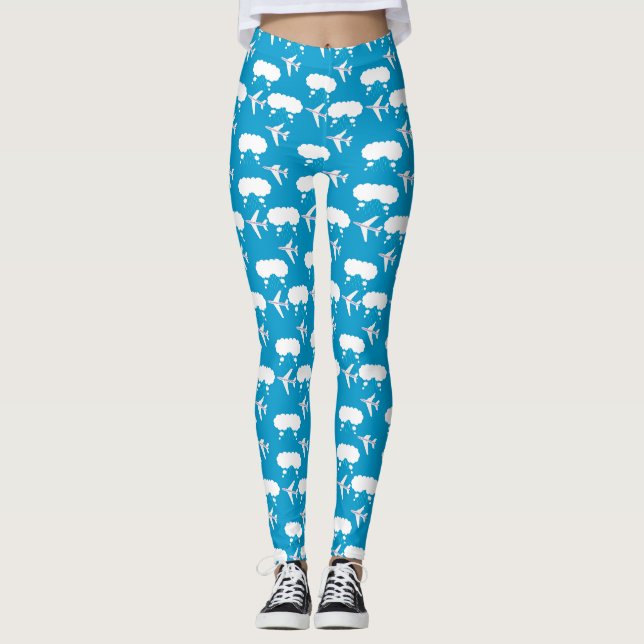 Sky Blue Airplane Pattern Leggings (Front)