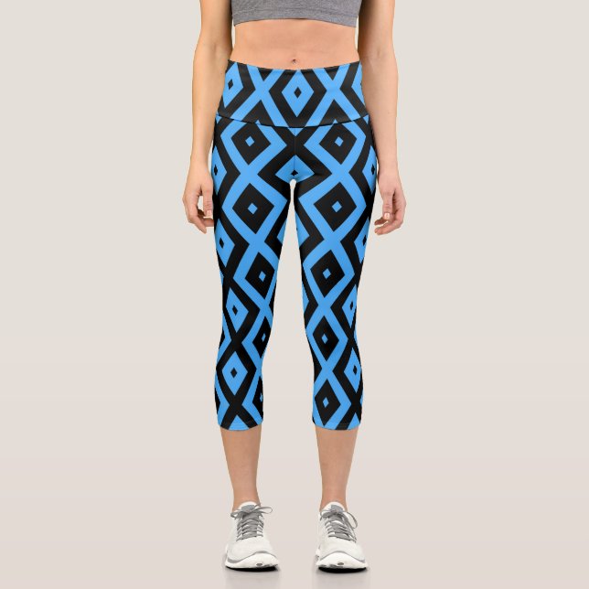 Sky blue and black diamond pattern capri leggings (Front)
